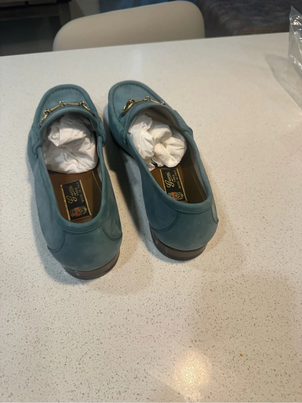 Men's GUCCI '1953 Horsebit' Aqua Blue Suede Loafers 8 1/2
